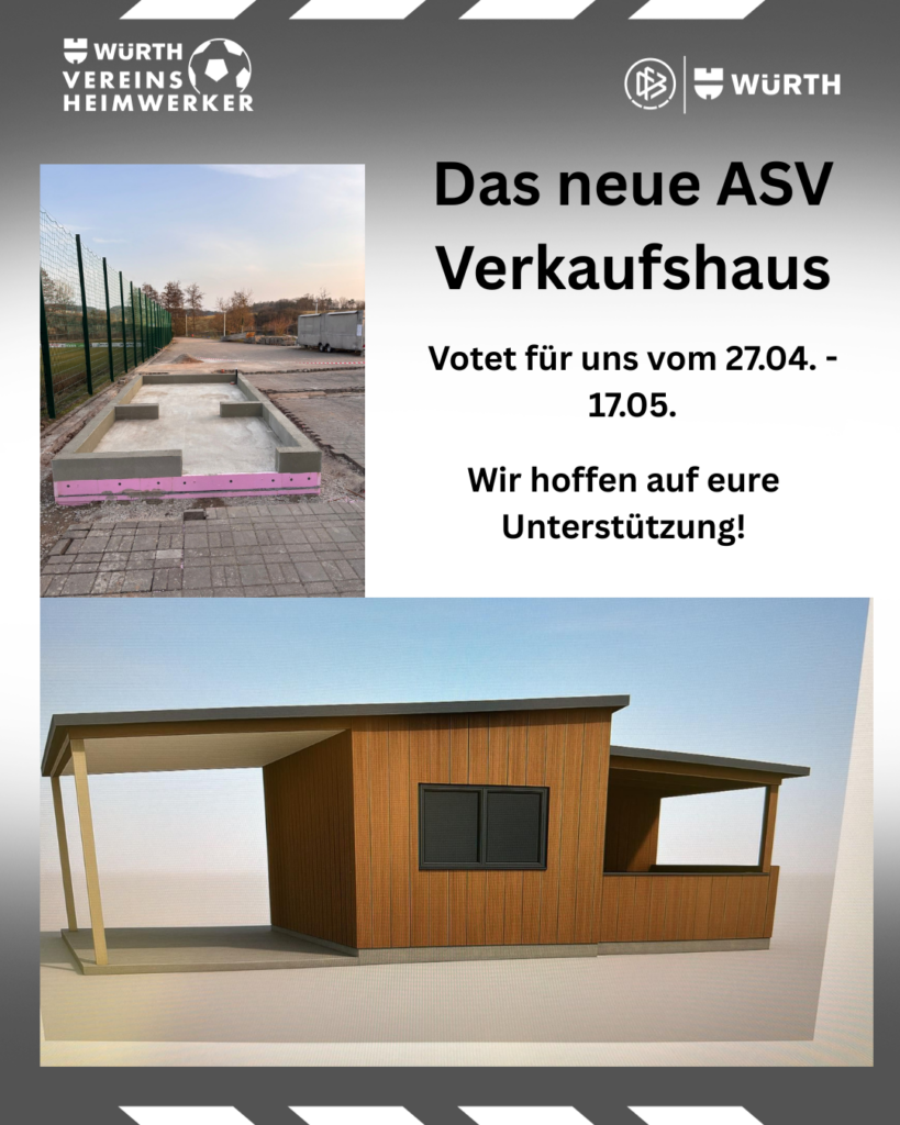Bild zur Würth Vereinsheimwerkeraktion, welches das bereits gelegte Fundament zeigt und ein Bild, welches das gewünschte Endresultat zeigt.